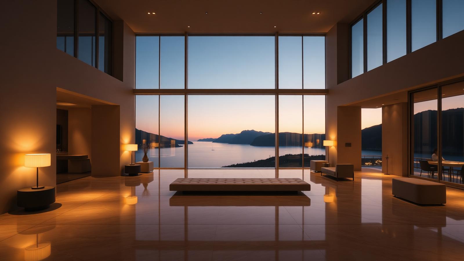 Minimalist luxury hotel lobby overlooking a Norwegian fjord at dusk